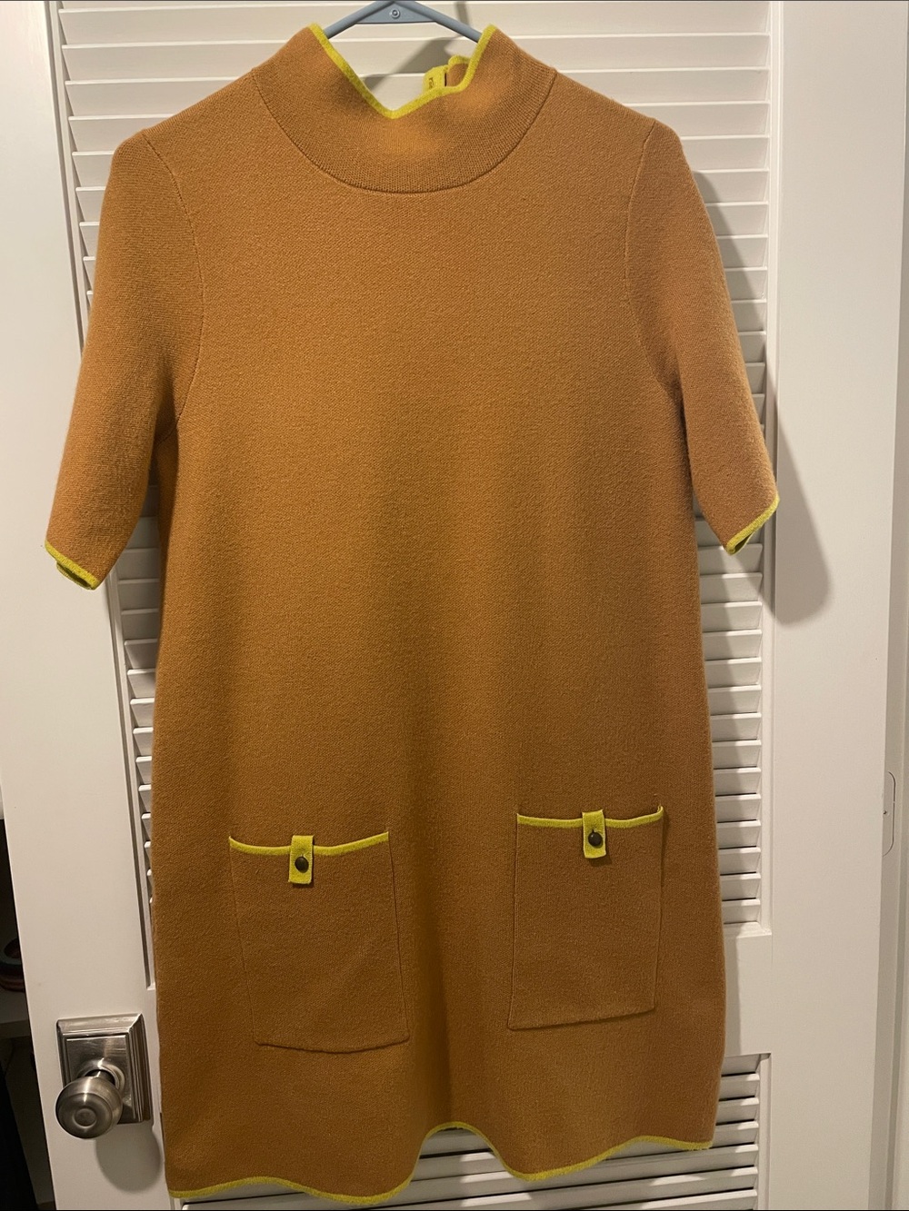 Maeve Mustard A-Line Short Sleeve Shift Dress with Lime Trim